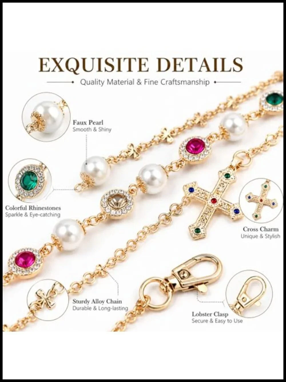 Layered Pearl Wallet Chain with Cross Charm, Purse Keychain